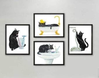 Bathroom Black Cat Print Set of 4, Cat Decor, Cat Art, Funny Cat Art, Cat Lover Gift, Bathroom Decor, Watercolor Painting Print