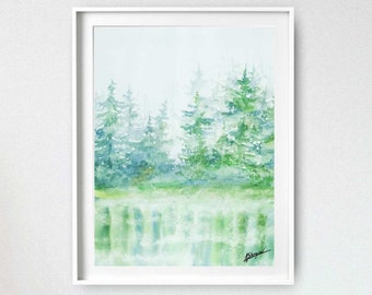 Impresión de arte del paisaje del bosque brumoso, pintura de acuarela, decoración de la pared, arte del paisaje, regalo del amante del arte, arte de la pared de la sala de estar, impresión del arte de la acuarela