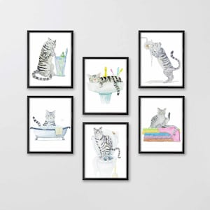 Bathroom Gray Tabby Cat Prints, Printable Cat Decor, Cat Art, Funny Cat Art, Cat Lover Gift, Bathroom Decor, Watercolor Painting, Set of 6