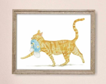 Orange Cat Print, Cat Decor, Printable Cat Art, Funny Cat Art, Cat Lover Gift, Watercolor Painting Print, Cat Wall Decor