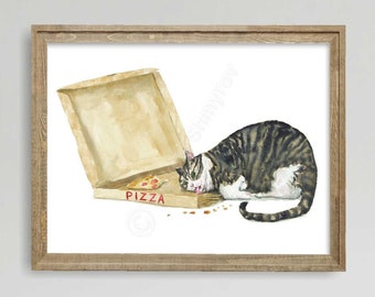 Tabby Cat and Pizza Print, Cat Decor, Cat Art, Funny Cat Art, Cat Lover Gift, Watercolor Painting Print, Cat Wall Decor, Kitchen Decor