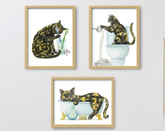 Bathroom Tortoiseshell Cat Print Set of 3, Printable Cat Decor, Cat Art, Funny Cat, Cat Lover Gift, Bathroom Decor, Watercolor Painting