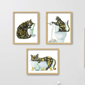 Bathroom Tortoiseshell Cat Print Set of 3, Cat Decor, Cat Art, Funny Cat, Cat Lover Gift, Bathroom Decor, Watercolor Painting, Tortie Cat