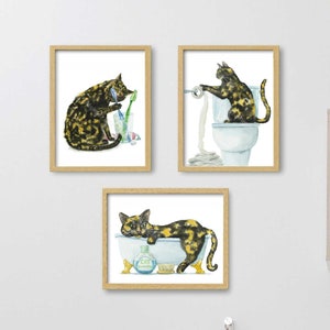 Bathroom Tortoiseshell Cat Print Set of 3, Printable Cat Decor, Cat Art, Funny Cat, Cat Lover Gift, Bathroom Decor, Watercolor Painting