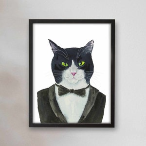 Tuxedo Cat Portrait Print, Cat Decor, Cat Art, Funny Cat Art, Cat Lover Gift, Watercolor Painting Print, Classroom Decor, Kids Art Prints