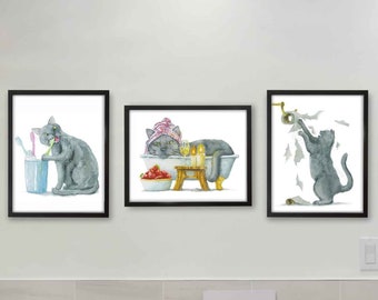 Bathroom Gray British Cat Print, Cat Decor, Cat Art, Funny Cat Art, Cat Lover Gift, Bathroom Decor, Watercolor Painting Print, Set of 3