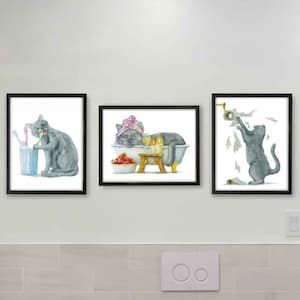 Bathroom Gray British Cat Print, Printable Cat Decor, Cat Art, Funny Cat Art, Cat Lover Gift, Bathroom Decor, Watercolor Painting, Set of 3