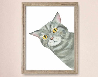 Gray Tabby Cat Portrait Print, Printable Cat Decor, Cat Art, Funny Cat Art, Cat Lover Gift, Watercolor Painting Print, Cat Wall Decor