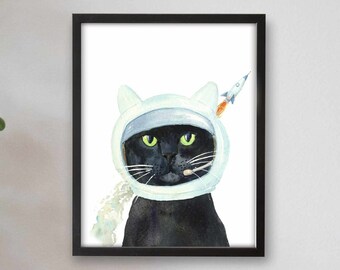 Impresión de retrato de gato negro astronauta, decoración de gatos, arte de gatos, arte divertido de gatos, regalo para amantes de los gatos, pintura de acuarela, decoración del aula, impresiones de arte para niños