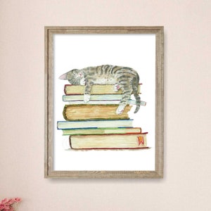 Tabby Kitten on Books Cat Print, Cat Decor, Cat Art, Funny Cat Art, Cat Lover Gift, Watercolor Painting Print, Cat Wall Decor, Bookworm Gift