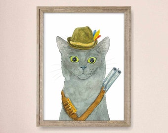 Gray Cat Portrait Print, Cat Decor, Cat Art, Funny Cat Art, Cat Lover Gift, Watercolor Painting Print, Classroom Decor, Kids Art Prints
