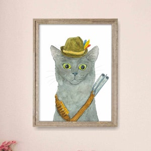 Gray Cat Portrait Print, Cat Decor, Cat Art, Funny Cat Art, Cat Lover Gift, Watercolor Painting Print, Classroom Decor, Kids Art Prints