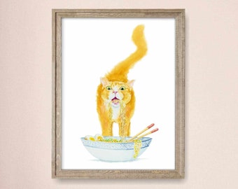 Orange Cat and Noodles Print, Cat Decor, Cat Art, Funny Cat Art, Cat Lover Gift, Watercolor Painting Print, Cat Wall Decor