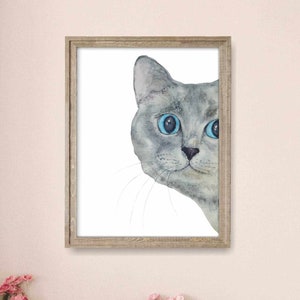 Gray Cat Portrait Print, Printable Cat Decor, Cat Art, Funny Cat Art, Cat Lover Gift, Watercolor Painting Print, Cat Wall Decor