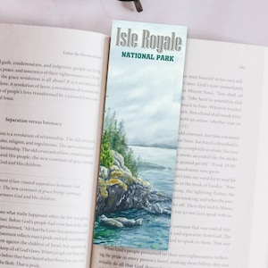 Marcapáginas imprimible del Parque Nacional Isle Royale, marcapáginas de acuarela, pintura de acuarela, regalo para amantes del arte, arte de viaje, arte de parques nacionales