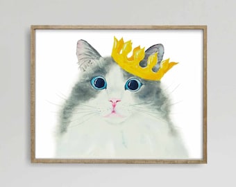 Impresión de retrato de gato gris, decoración de gatos, arte de gatos, arte divertido de gatos, regalo para amantes de los gatos, impresión de pintura de acuarela, decoración de pared de gatos