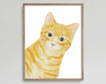 Orange Cat Portrait Print, Printable Cat Decor, Cat Art, Funny Cat Art, Cat Lover Gift, Watercolor Painting Print, Cat Wall Decor