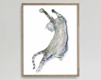 Gray Tabby Cat Print, Cat Decor, Cat Art, Funny Cat Art, Cat Lover Gift, Watercolor Painting Print, Cat Wall Decor