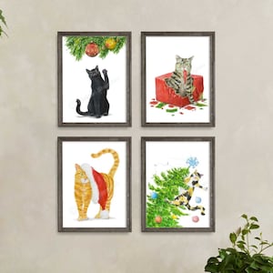 Christmas Cats Prints, Cat Decor, Cat Art, Funny Cat Art, Cat Lover Gift, Christmas Decor, Watercolor Painting Print, Set of 4