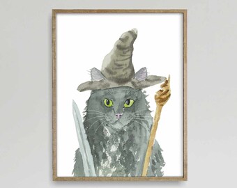 Gray Cat Portrait Print, Cat Decor, Cat Art, Funny Cat Art, Cat Lover Gift, Watercolor Painting Print, Classroom Decor, Kids Art Prints