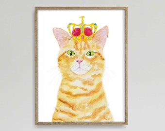 Royal Orange Cat Print, Cat Decor, Cat Art, Funny Cat Art, Cat Lover Gift, Watercolor Painting Print, Cat Wall Decor, Cat Portrait