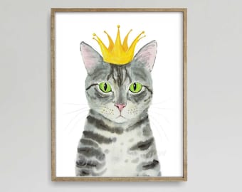 Royal Gray Tabby Cat Print, Cat Decor, Cat Art, Funny Cat Art, Cat Lover Gift, Watercolor Painting Print, Cat Wall Decor, Cat Portrait