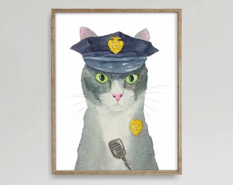 Gray Cat Portrait Print, Cat Decor, Cat Art, Funny Cat Art, Cat Lover Gift, Watercolor Painting Print, Classroom Decor, Kids Art Prints