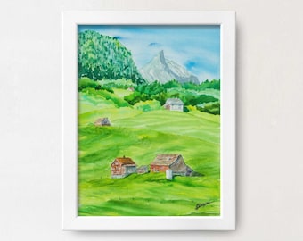 アルプスの絵画 山の谷 水彩画 アルプスの草原の風景 スイスアルプス