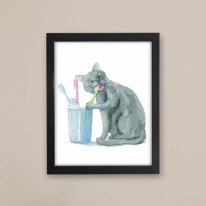 Gray British Cat Brushing Teeth Art Print, Bathroom  Decor, Watercolor Cat, Funny Cat, Cat Lover Gift, Watercolor Painting