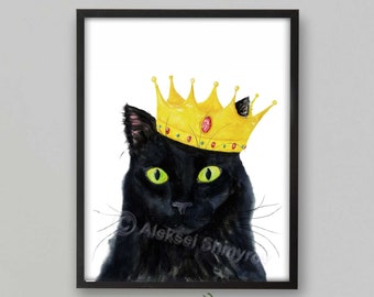 Impresión de gato negro real, decoración de gatos, arte de gatos, arte divertido de gatos, regalo para amantes de los gatos, impresión de pintura de acuarela, decoración de pared de gatos, retrato de gato