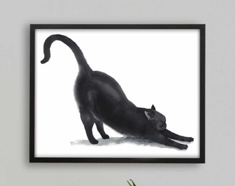 Black Cat Print, Printable Cat Decor, Cat Art, Funny Cat Art, Cat Lover Gift, Watercolor Painting Print, Cat Wall Decor