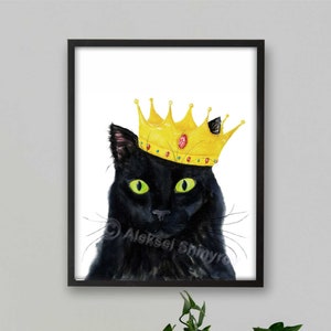 Royal Black Cat Print, Cat Decor, Cat Art, Funny Cat Art, Cat Lover Gift, Watercolor Painting Print, Cat Wall Decor, Cat Portrait