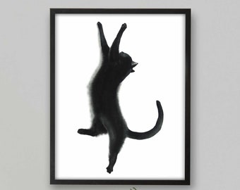 Black Cat Print, Printable Cat Decor, Cat Art, Funny Cat Art, Cat Lover Gift, Watercolor Painting Print, Cat Wall Decor