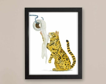 Bathroom Bengal Cat Art Print, Cat Decor, Watercolor Cat, Funny Cat Art, Cat Lover Gift, Watercolor Painting, Cat Wall Decor