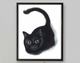 Black Cat Print, Printable Cat Decor, Cat Art, Funny Cat Art, Cat Lover Gift, Watercolor Painting Print, Cat Wall Decor