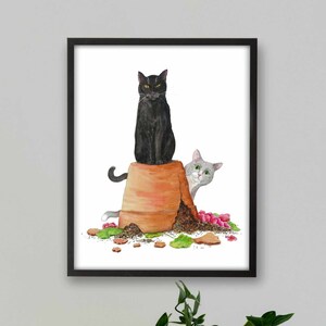 Black and Gray Cats Print, Printable Cat Decor, Cat Art, Funny Cat Art, Cat Lover Gift, Watercolor Painting Print, Wall Decor, Ginger Cat