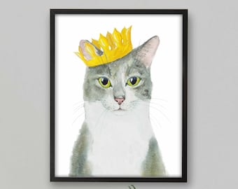 Lámina con retrato de gato gris, decoración de gatos, arte de gatos, arte divertido de gatos, regalo para amantes de los gatos, lámina de pintura en acuarela, decoración de pared de gatos