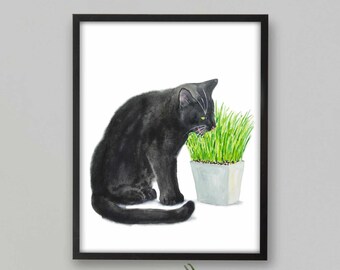 Impresión de gato negro y plantas, decoración de gatos, arte de gatos, arte divertido de gatos, regalo para amantes de los gatos, impresión de pintura de acuarela, decoración de pared de gatos