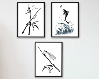 Printable Koi Fish and Dragonfly Art Print Set, Fish Decor, Fish Painting, Line Art, Ink Art, Ink Drawing, Minimalist Art, Sumi-e Painting