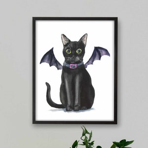 Halloween Black Cat Art Print, Printable Cat Decor, Funny Cat Art, Cat Lover Gift, Watercolor Painting Print, Wall Decor, Halloween Decor