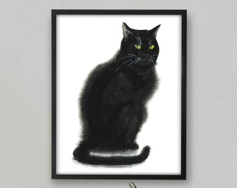 Sitting Black Cat Print, Printable Cat Decor, Cat Art, Funny Cat Art, Cat Lover Gift, Watercolor Painting Print, Cat Wall Decor