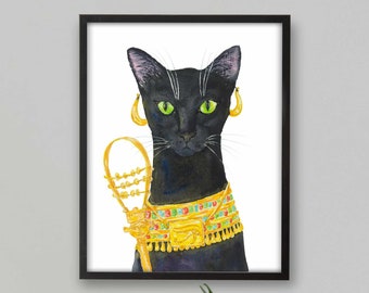 Stampa ritratto gatto nero, arredamento gatto, arte gatto, arte gatto divertente, regalo amante dei gatti, stampa pittura ad acquerello, arredamento classe, stampe d'arte per bambini