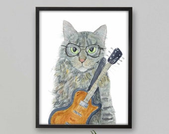 Tabby-Katze-Portrait-Druck, Katzen-Dekor, Katzenkunst, lustige Katzenkunst, Katzenliebhaber-Geschenk, Aquarellmalerei-Druck, Klassenzimmer-Dekor, Kinder-Kunstdrucke