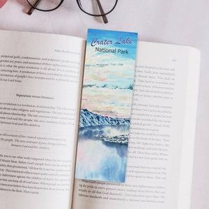 Marcador de livro imprimível do Parque Nacional do Lago Crater, marcadores de livro em aquarela, pintura em aquarela, presente para amantes da arte, arte de viagem, arte do parque nacional