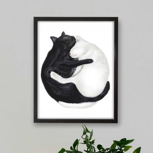 Black and White Cat Print, Printable Cat Decor, Cat Art, Funny Cat Art, Cat Lover Gift, Watercolor Painting, Cat Wall Decor, Yin Yang