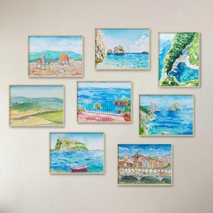 Italy Landscapes Set of 8 Prints, Watercolor Painting, Wall Decor, Landscape Art, Art Lover Gift, Living Room Wall Art, Italy Art Print