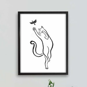 Printable Line Art Cat Print, Cat Decor, Cat Painting, Cat Lover Gift, Ink Art, Ink Drawing, Minimalist Art, Sumi-e Painting