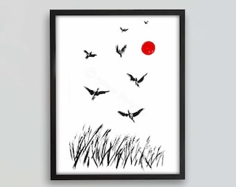 Impresión de pájaros con arte lineal imprimible, decoración de aves, pintura de aves, arte en tinta, dibujo a tinta, arte mural de aves, arte minimalista, pintura Sumi-e