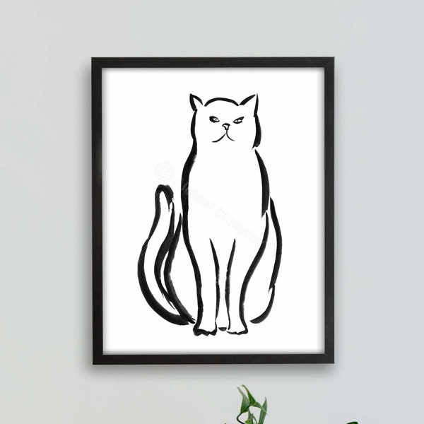 Dessin au trait imprimable impression de chat, décoration de chat, peinture de chat, cadeau pour amoureux des chats, art à l'encre, dessin à l'encre, art minimaliste, peinture Sumi-e