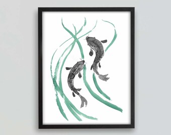 Printable Two Koi Fishes Art Print, Fish Decor, Fish Painting, Line Art, Ink Art, Ink Drawing, Minimalist Art, Sumi-e Painting